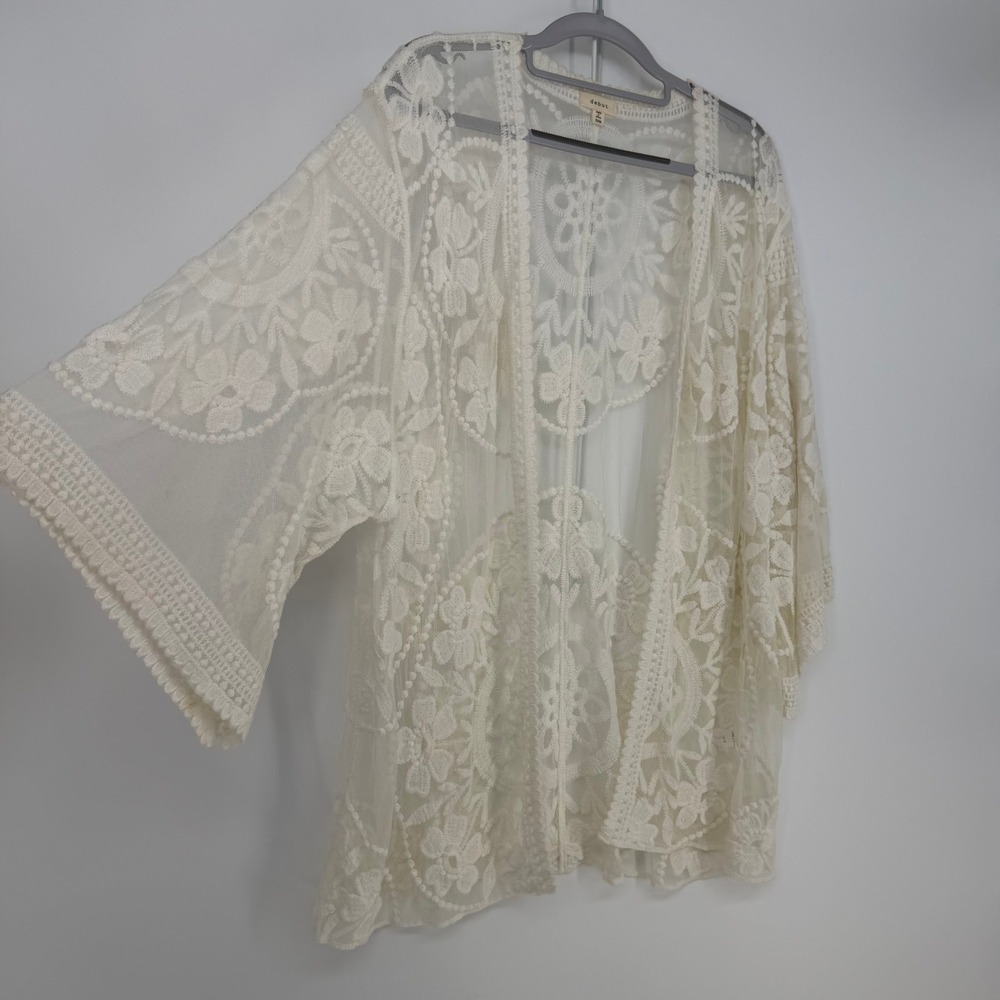 Debut Kimono Cardigan Womens S/M Ivory Floral Lace Mesh Boho Coverup Cottage